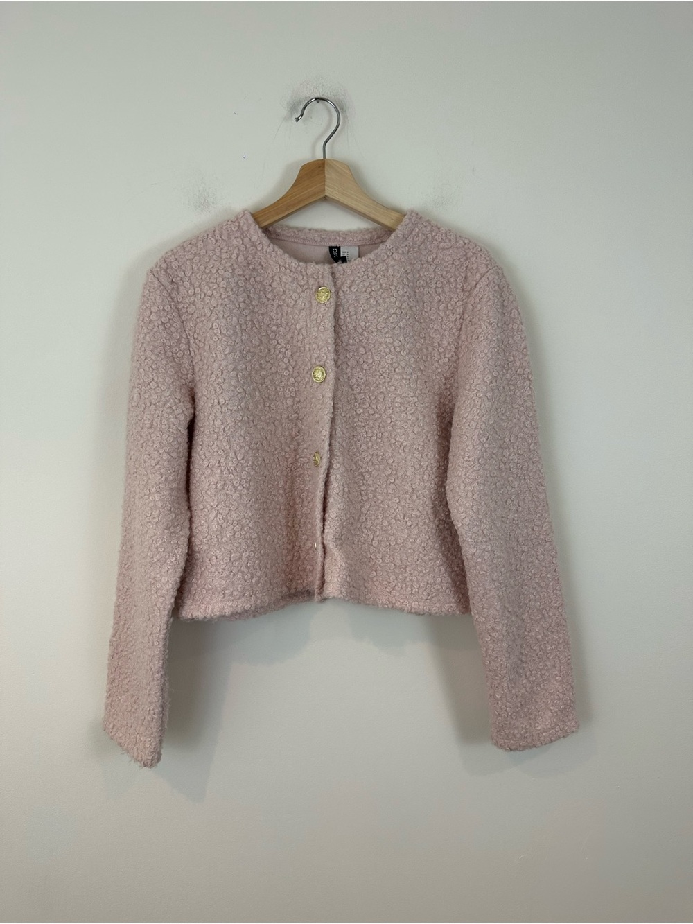 H&M Divided Women’s Cropped Bouclé Jacket Light Pink Gold Buttons Blazer Size M
